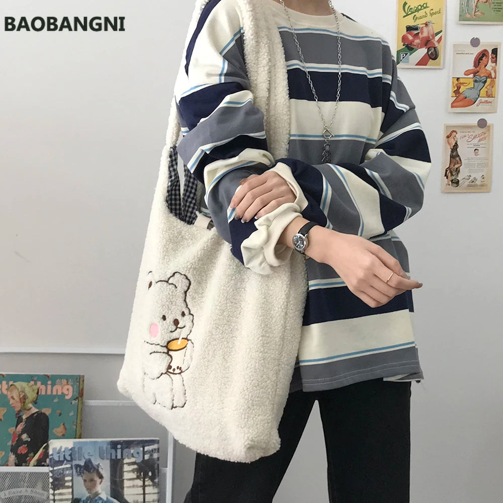 Canvas Shoulder Bag Warm Plush Cloth Handbag Large Capacity Bear Book Bag