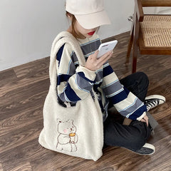 Canvas Shoulder Bag Warm Plush Cloth Handbag Large Capacity Bear Book Bag