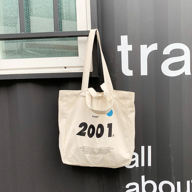 Canvas Shoulder Bag 2001 Letters Print Tote Eco Reusable Large Shopping Bag