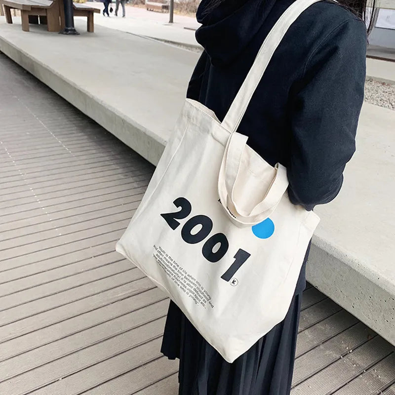 Canvas Shoulder Bag 2001 Letters Print Tote Eco Reusable Large Shopping Bag