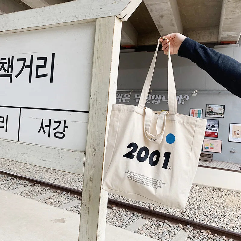 Canvas Shoulder Bag 2001 Letters Print Tote Eco Reusable Large Shopping Bag