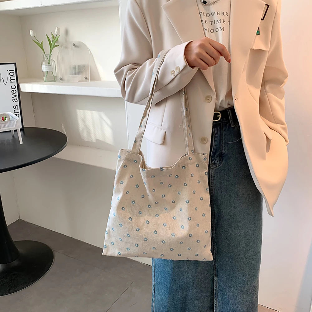 Daisy Summer Vintage Floral Small Tote Handbag Canvas Shoulder Bag