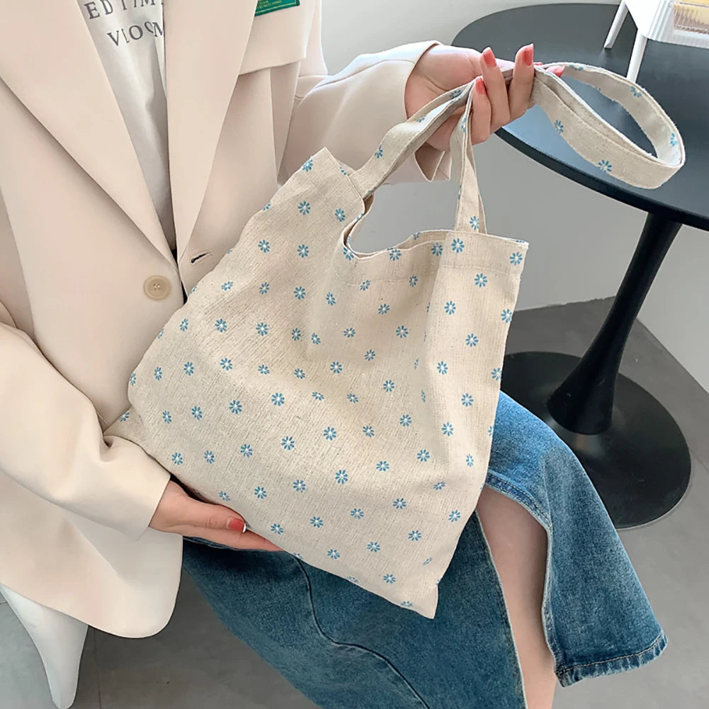 Daisy Summer Vintage Floral Small Tote Handbag Canvas Shoulder Bag