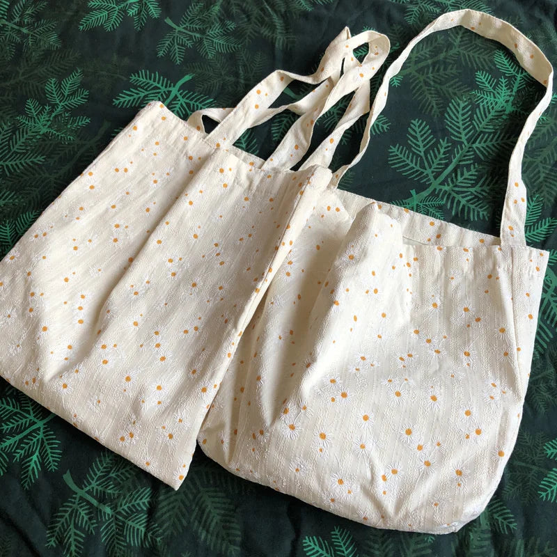 Women Canvas Shoulder Bags Embossed Daisy Floral Handbag Tote