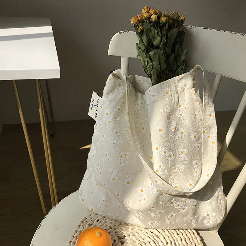 Women Canvas Shoulder Bags Embossed Daisy Floral Handbag