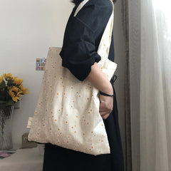 Women Canvas Shoulder Bags Embossed Daisy Floral Handbag Tote