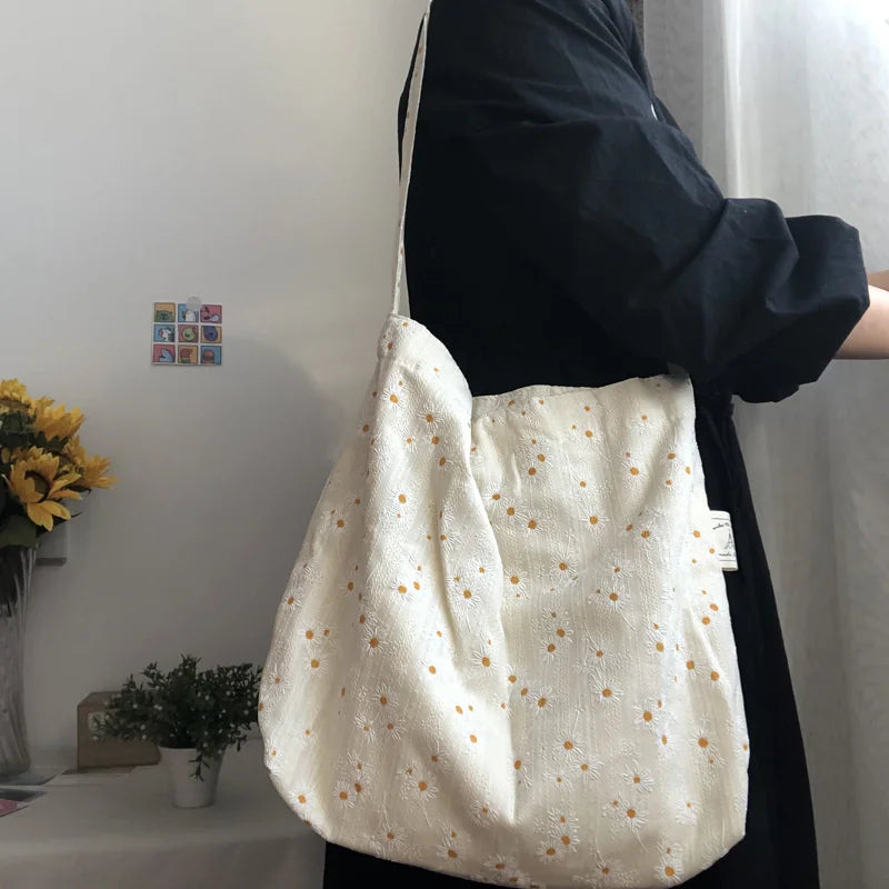 Women Canvas Shoulder Bags Embossed Daisy Floral Handbag Tote