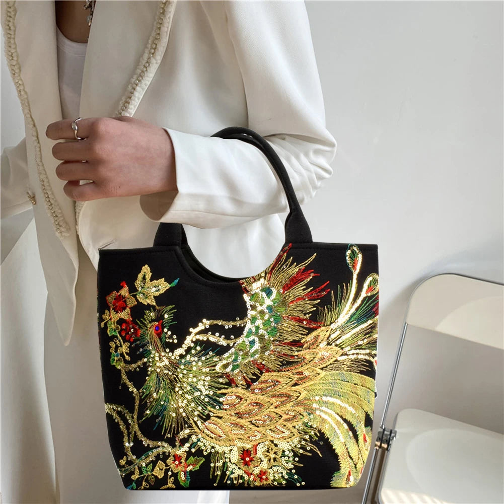Embroidery Canvas Shoulder Bag Ethnic Style Handbag Retro Top-handle Tote