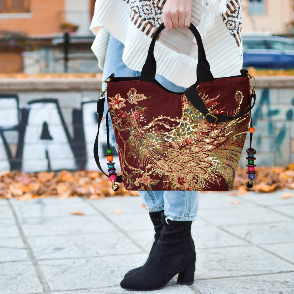 Embroidery Canvas Shoulder Bag Ethnic Style Handbag Retro Top-handle Tote