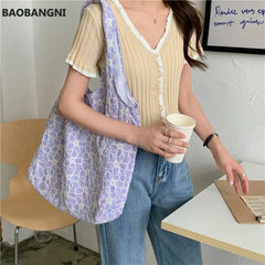 Women Canvas Shoulder Bags Flower Embroidery Totes Female Casual Floral Handbags