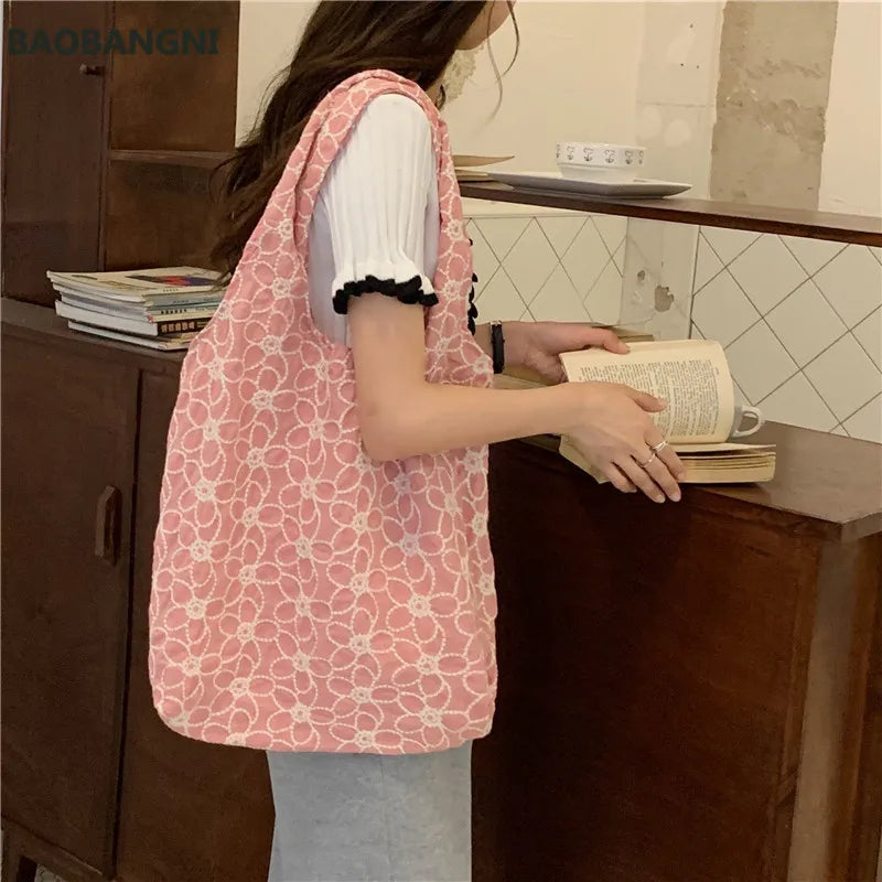 Women Canvas Shoulder Bags Flower Embroidery Totes Female Casual Floral Handbags