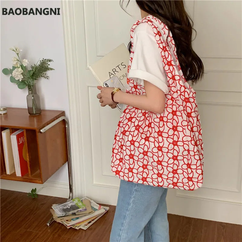 Women Canvas Shoulder Bags Flower Embroidery Totes Female Casual Floral Handbags
