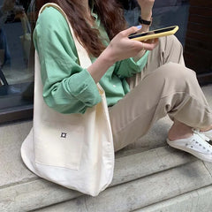 Canvas Shoulder Bag Large Capacity School Tote Eco-Friendly Satchel