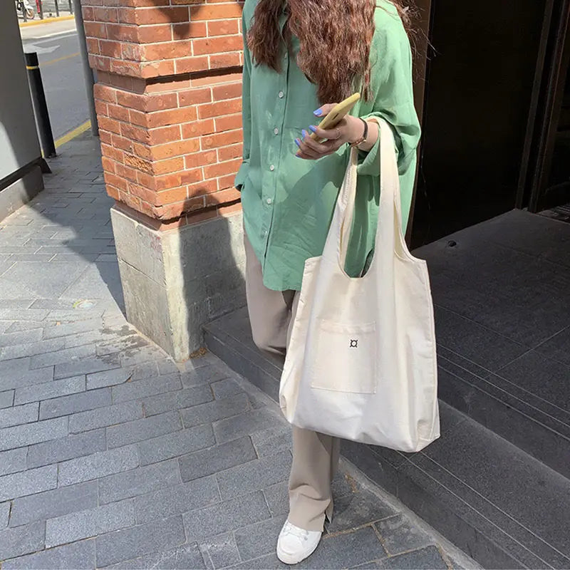 Canvas Shoulder Bag Large Capacity School Tote Eco-Friendly Satchel