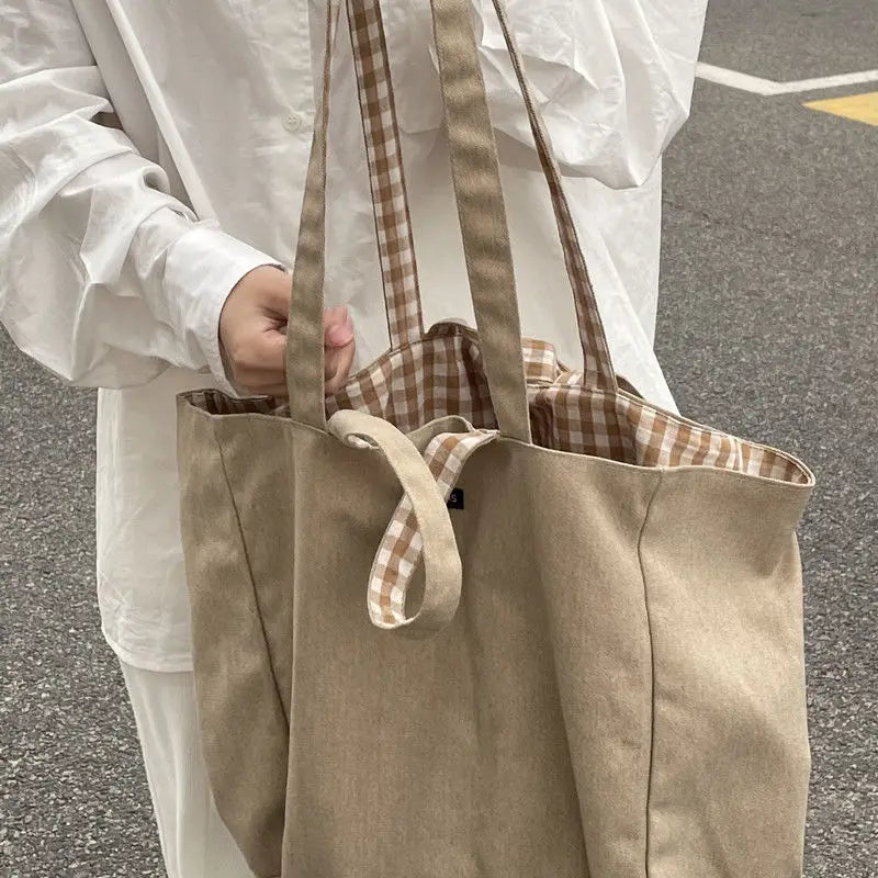 Women Shoulder Bags Plaid Double-sided Large Capacity Handbags