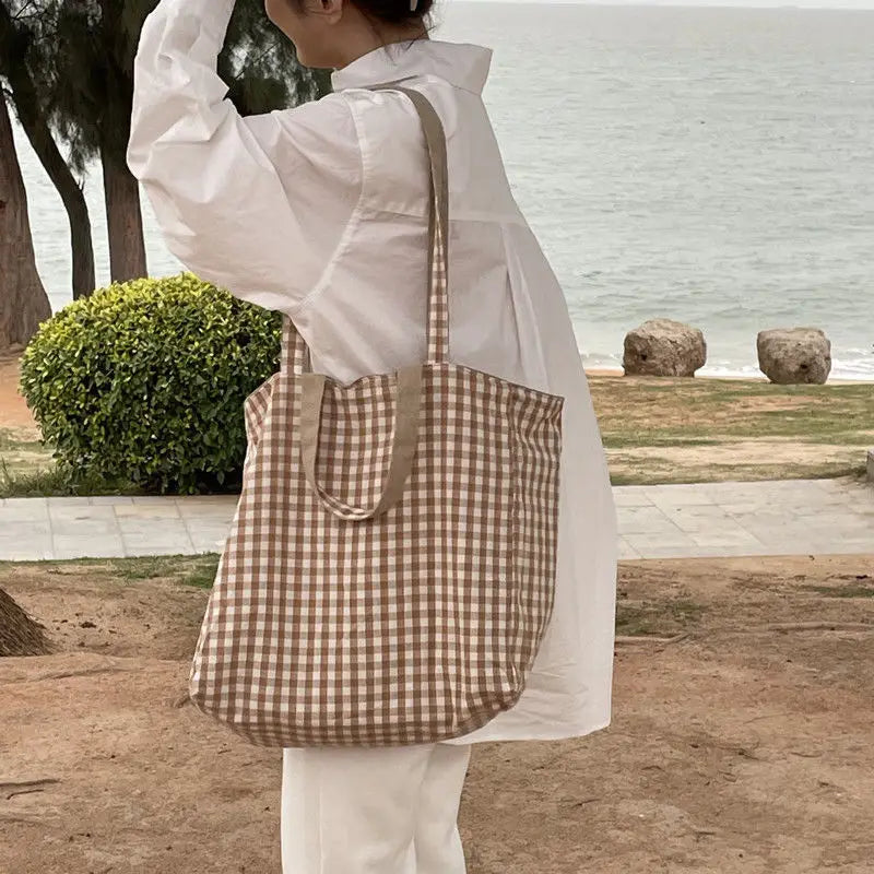 Women Shoulder Bags Plaid Double-sided Large Capacity Handbags