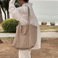 Women Shoulder Bags Plaid Double-sided Large Capacity Handbags