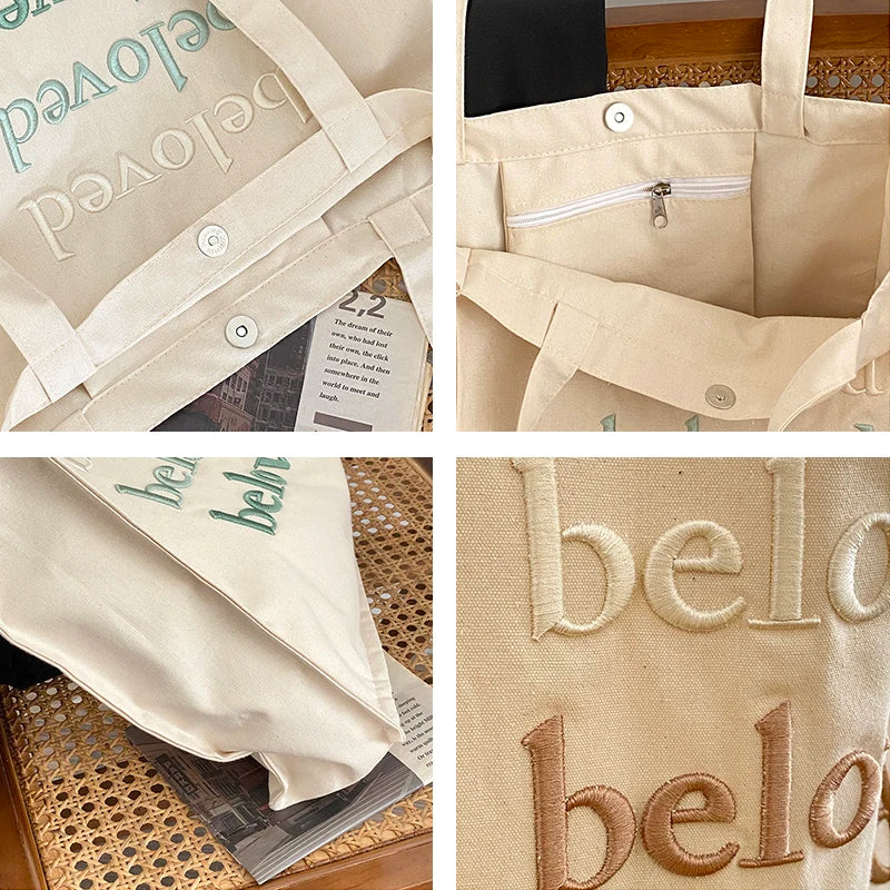 Embroidered Canvas Shoulder Tote Bag for Women