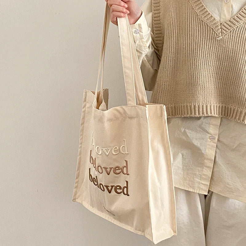 Embroidered Canvas Shoulder Tote Bag for Women
