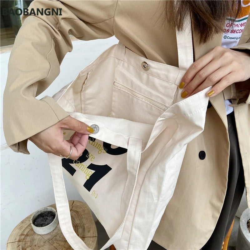 Women Canvas Shoulder Tote Bag Casual Alphabet Printed Handbag