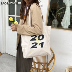 Women Canvas Shoulder Tote Bag Casual Alphabet Printed Handbag