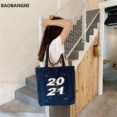 Women Canvas Shoulder Tote Bag Casual Alphabet Printed Handbag