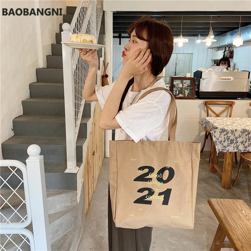 Women Canvas Shoulder Tote Bag Casual Alphabet Printed Handbag