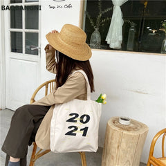 Women Canvas Shoulder Tote Bag Casual Alphabet Printed Handbag