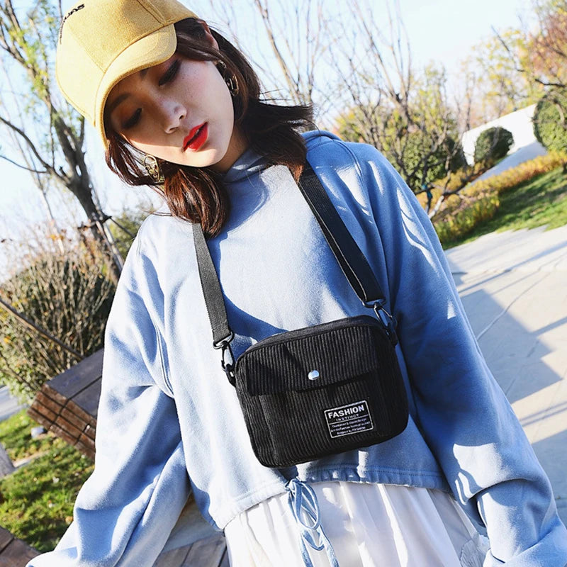 Women Canvas Shoulder Messenger Bag Small Square Bag Corduroy Bag