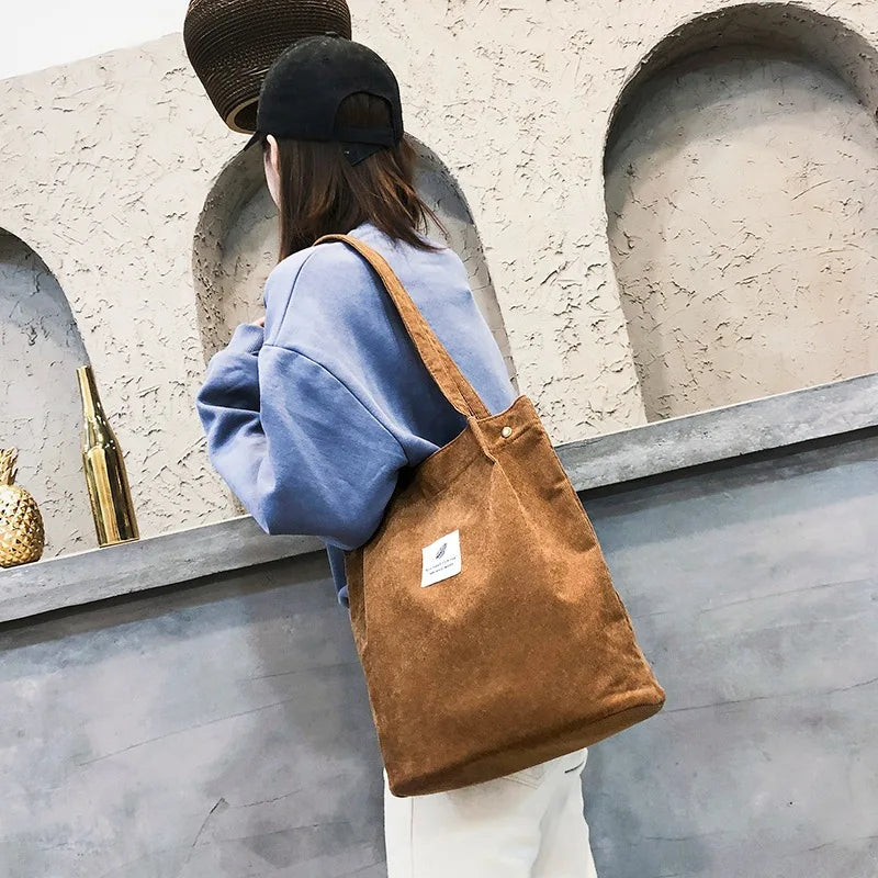 Women Canvas Tote Bag Corduroy Shopping Eco Handbag Foldable Shoulder Bag