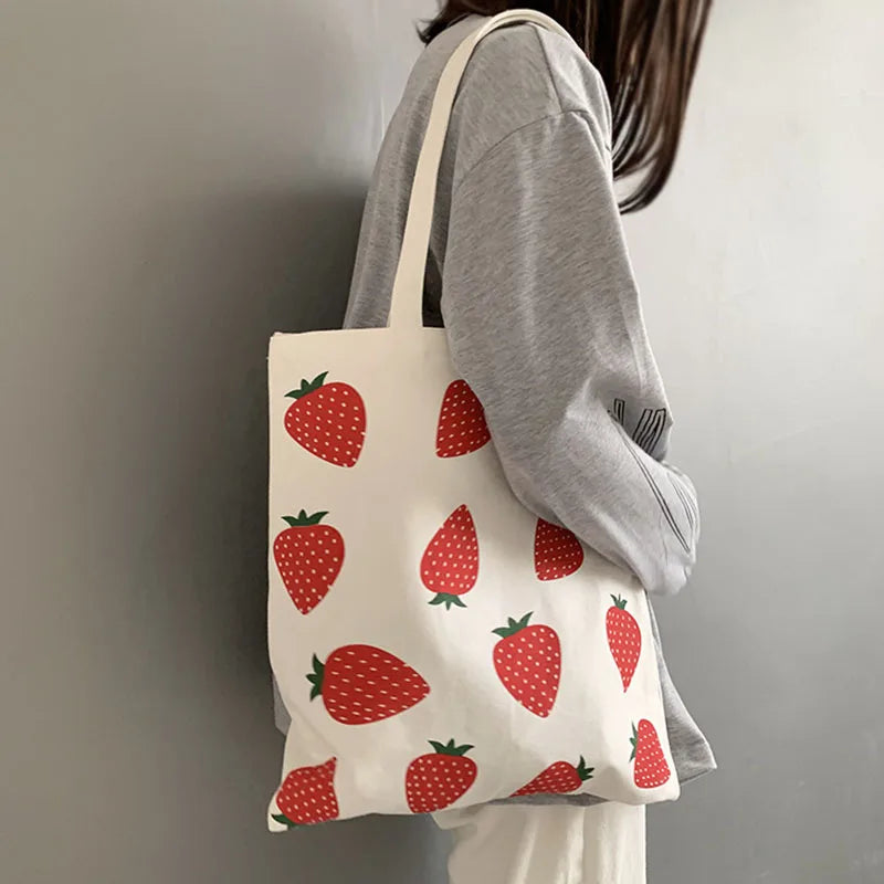 Strawberry Printing Canvas Tote Shopper Bag for Women