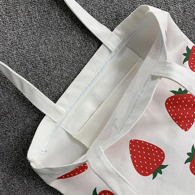 Strawberry Printing Canvas Tote Shopper Bag for Women