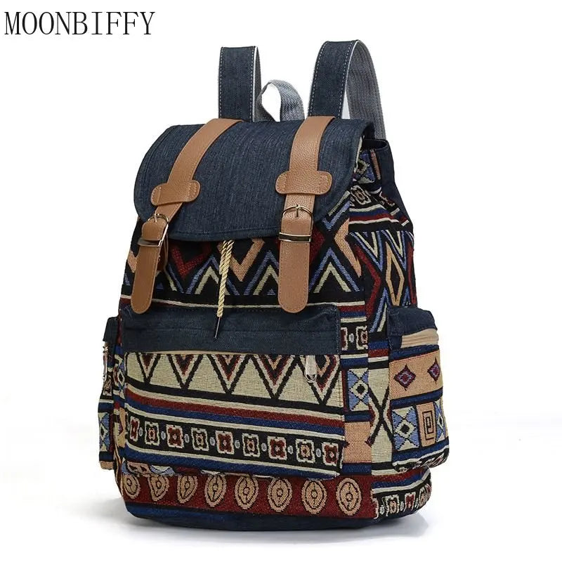 Women Canvas Vintage Backpack Ethnic Schoolbag