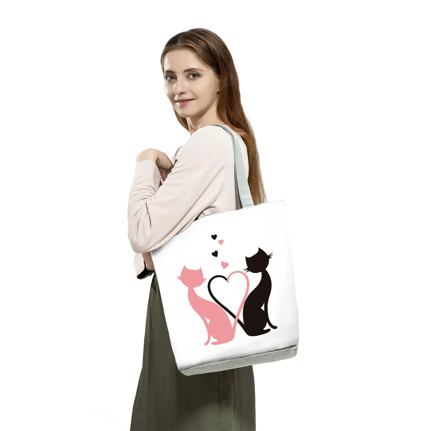 Women Cartoon Cat Handbags Life Pet Print Shopping Bag Lady Travel Beach Tote Ba