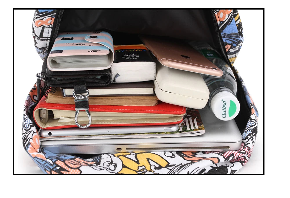 Women Cartoon Backpack Female Travel Canvas Backbag Girl's Hip-hop Rucksack