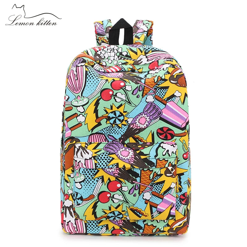 Women Cartoon Backpack Female Travel Canvas Backbag Girl's Hip-hop Rucksack