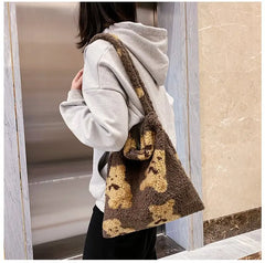 Fluffy Bear Shoulder Tote Bag Canvas Handbags Soft Shopping Girls School B