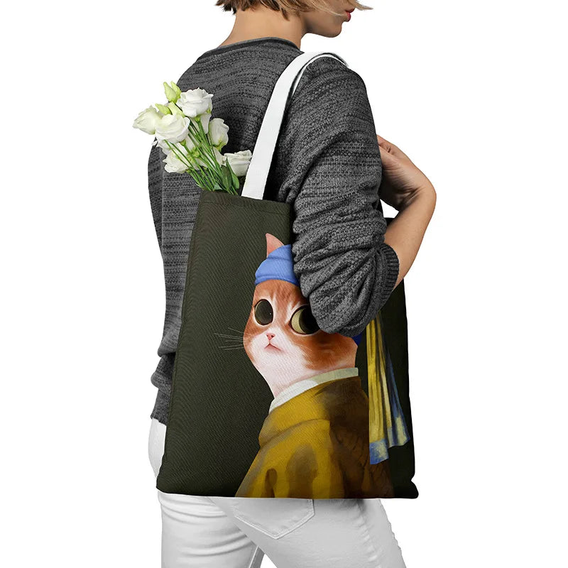 Women Cartoon Cat Print Tote Bag Large Capacity Shopping Bag