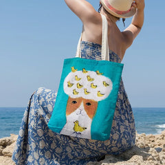 Women Cartoon Cat Print Tote Bag Large Capacity Shopping Bag