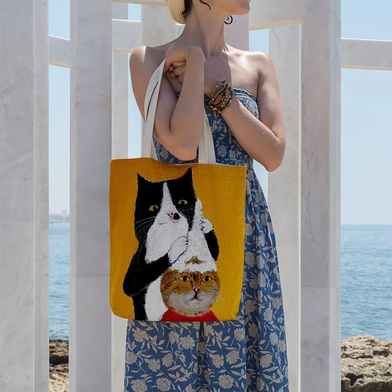 Women Cartoon Cat Print Tote Bag Large Capacity Shopping Bag