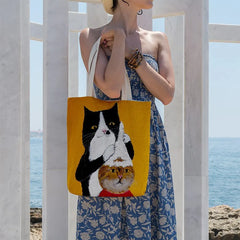 Women Cartoon Cat Print Tote Bag Large Capacity Shopping Bag
