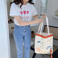 Embroidery Tote Cotton Fabric Handbag Large Capacity Shoulder Bag