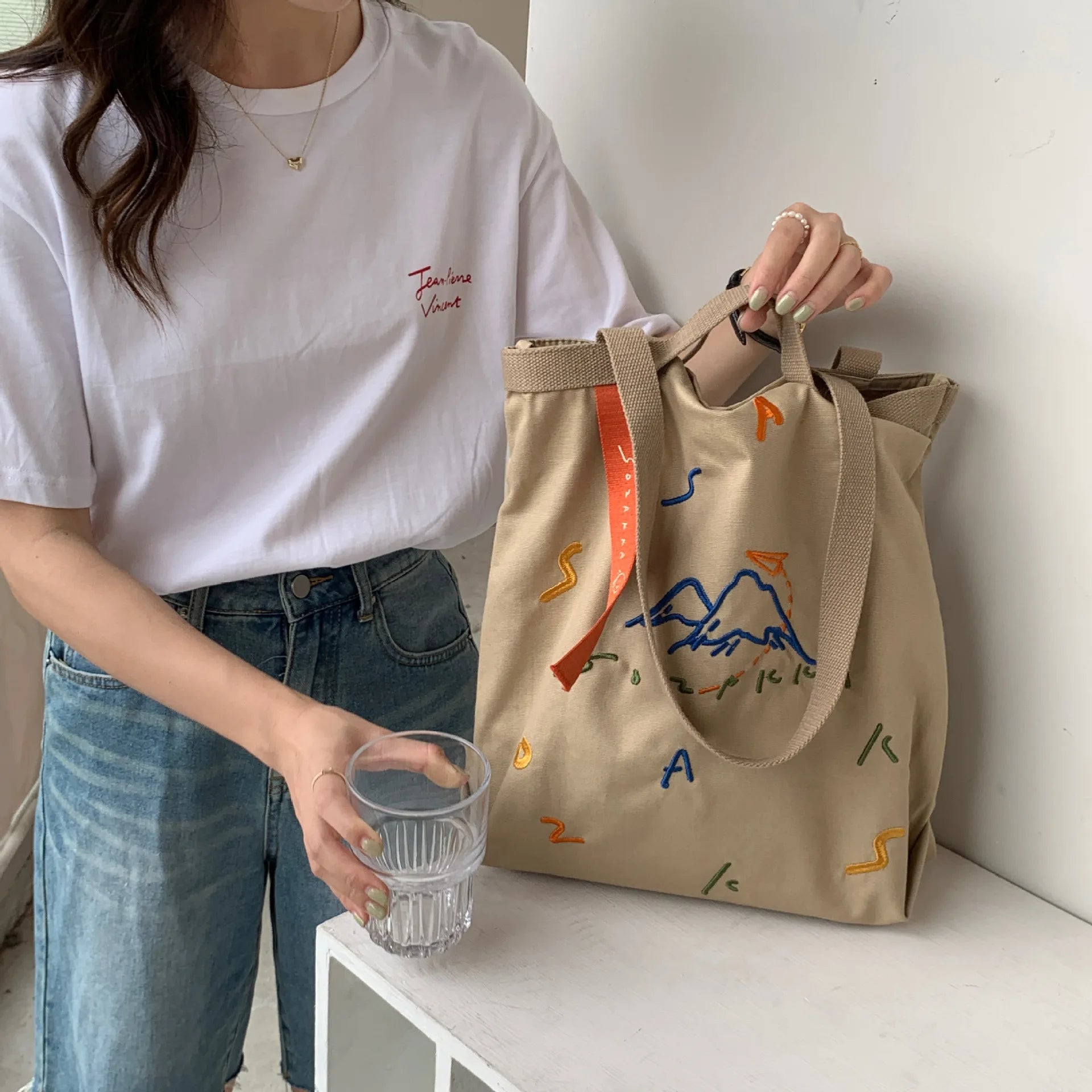 Embroidery Tote Cotton Fabric Handbag Large Capacity Shoulder Bag