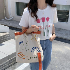 Embroidery Tote Cotton Fabric Handbag Large Capacity Shoulder Bag