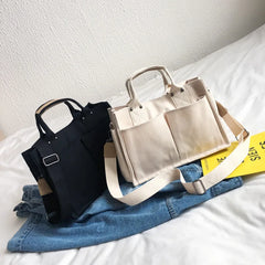 Women Casual Canvas Shoulder Bag Ladies Exterior Pockets Crossbody Bags Solid