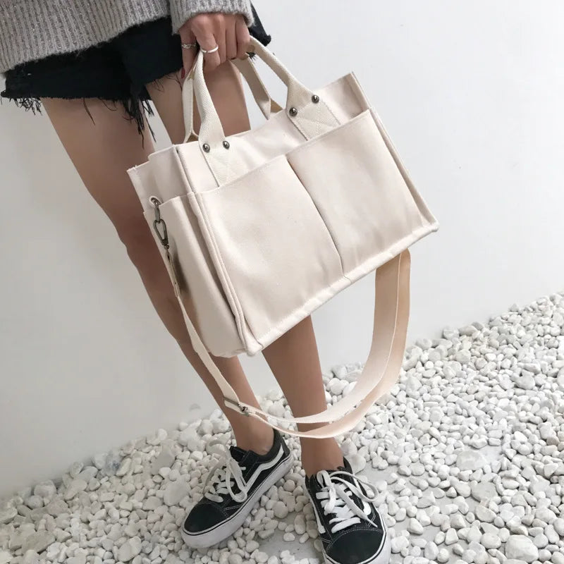 Women Casual Canvas Shoulder Bag Ladies Exterior Pockets Crossbody Bags Solid