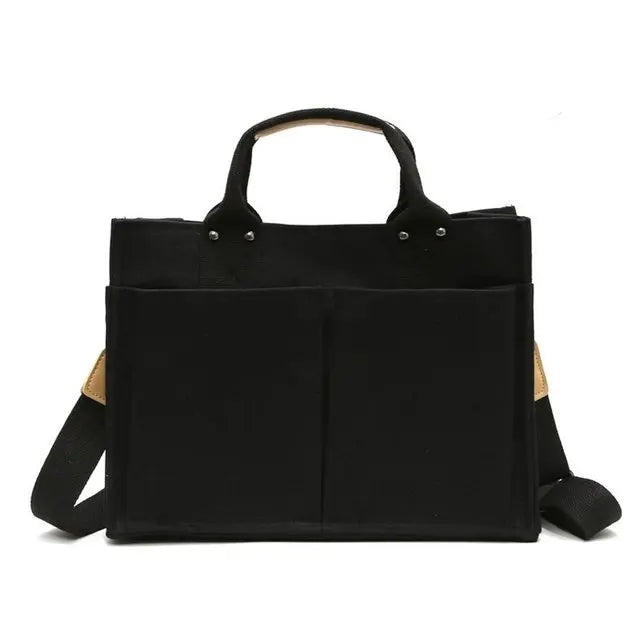 Women Casual Canvas Shoulder Bag Ladies Exterior Pockets Crossbody Bags Solid
