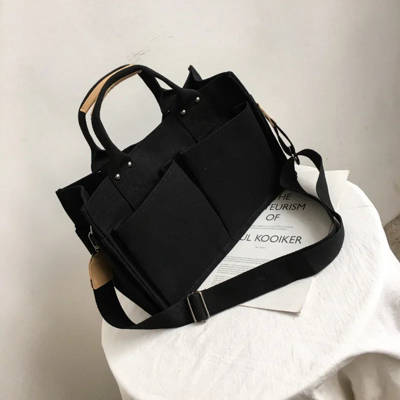 Women Casual Canvas Shoulder Bag Ladies Exterior Pockets Crossbody Bags