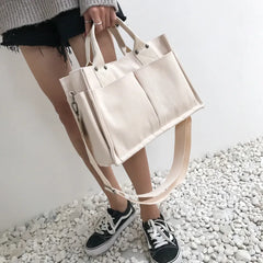 Women Casual Canvas Shoulder Bag Ladies Exterior Pockets Crossbody Bags