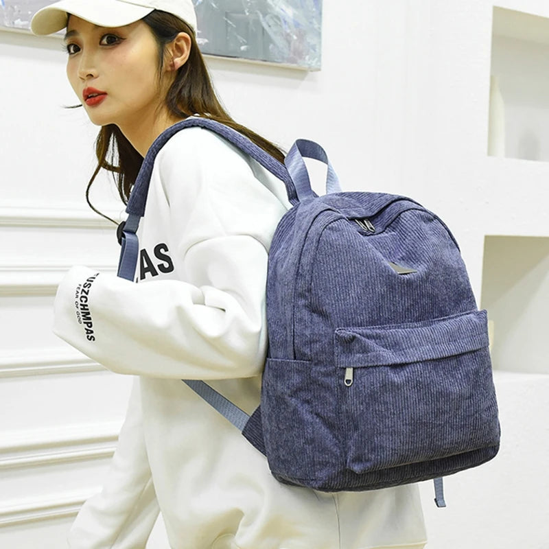 Women Casual Corduroy Backpack Soft Kids School Bag Travel College Daypack